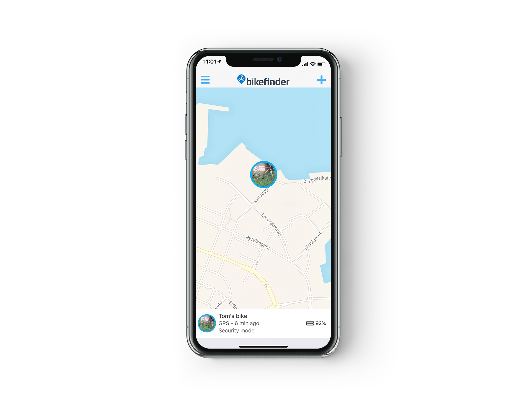 picture of the bikefinder app on an iPhone X