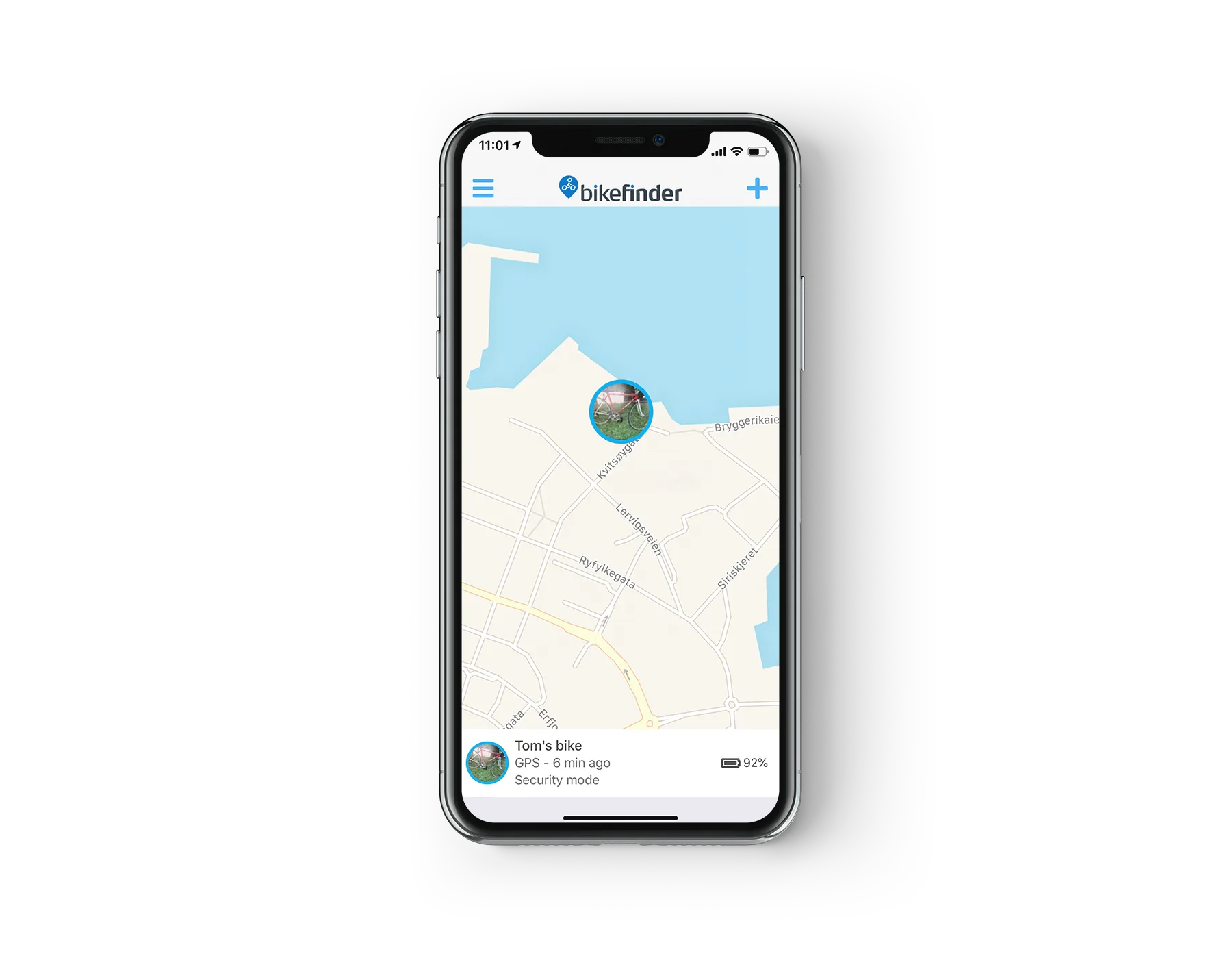 picture of the bikefinder app on an iPhone X