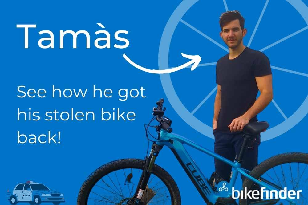 A picture of a man standing besides his bike in front of a blue background