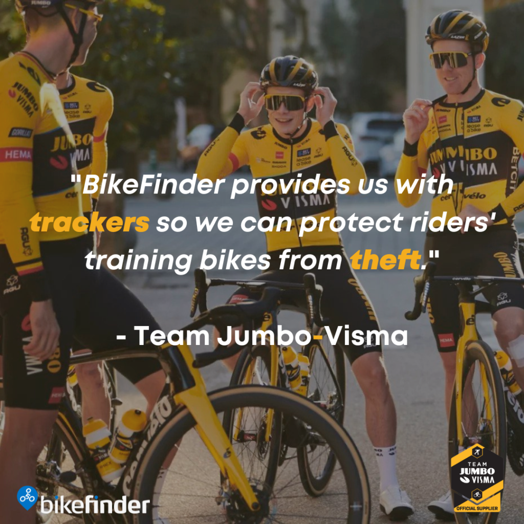 Team Jumbo Visma riders on their bikes with a quote showing how they use the bikefinder tracker.
