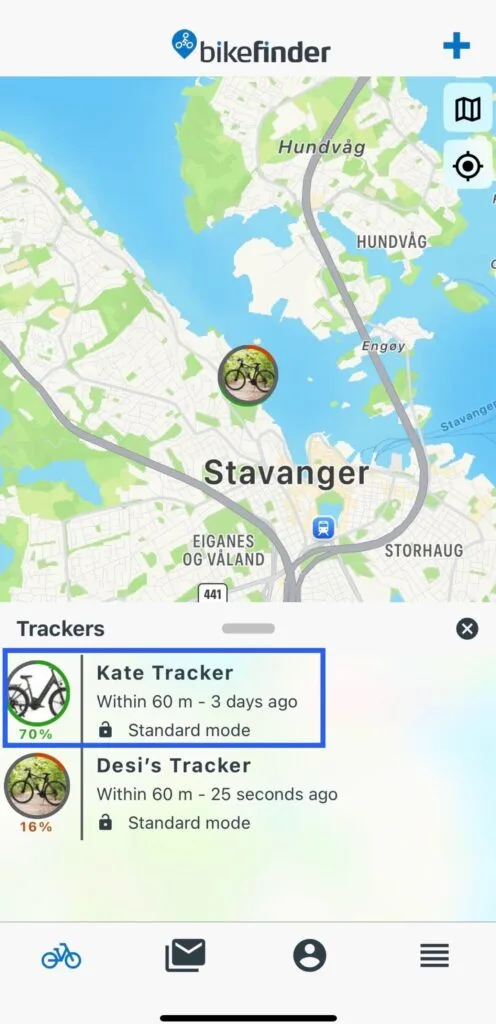 BikeFinder app tracker selection