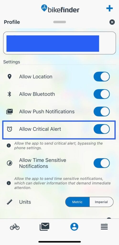 bikefinder app critical alert