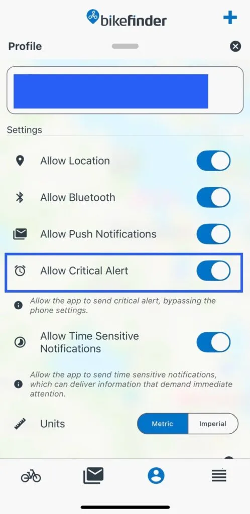 bikefinder app critical alert