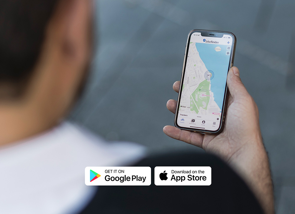 Spor sykkelen din
fra mobilen med BikeFinder appen og sporingsenhet