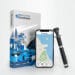 BikeFinder G2-Tracker und Verpackung neben einem Smartphone mit der Tracking-App