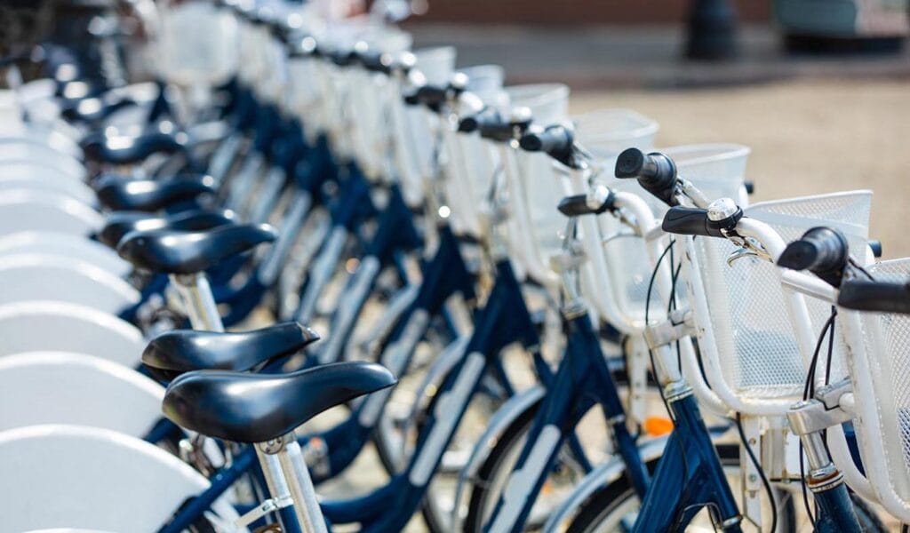 Bicycles in a row with BikeFinder Fleet Management, OEM  