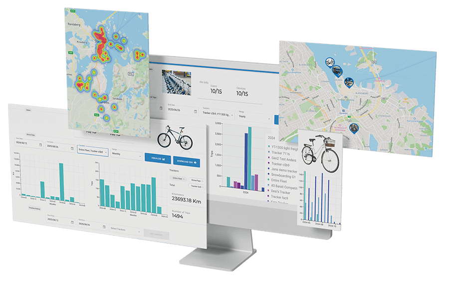 BikeFinder fleet management dashboard showing heatmaps, bike tracking maps, and usage analytics for OEMs, rental fleets, and B2B operators.