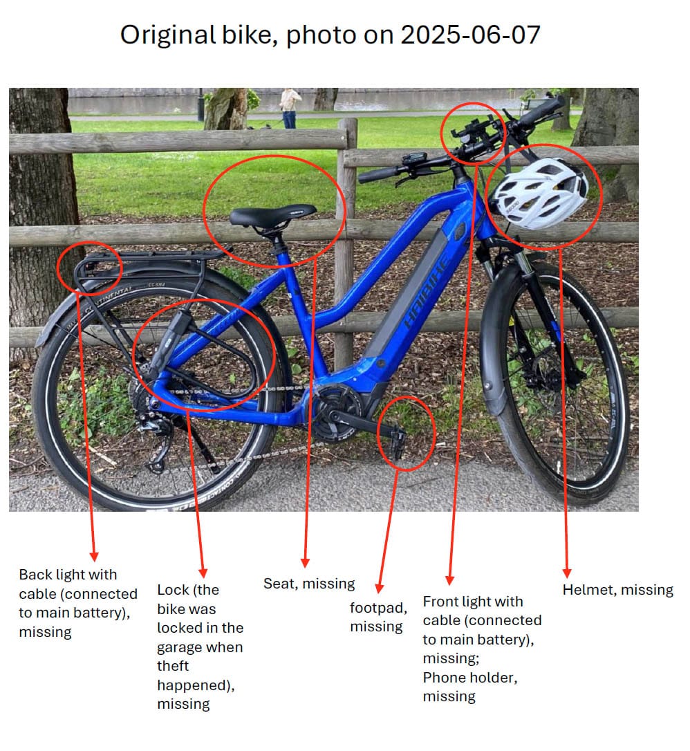 Stolen Haibike e-bike showing missing seat, lights, lock, and helmet — BikeFinder theft recovery photo.