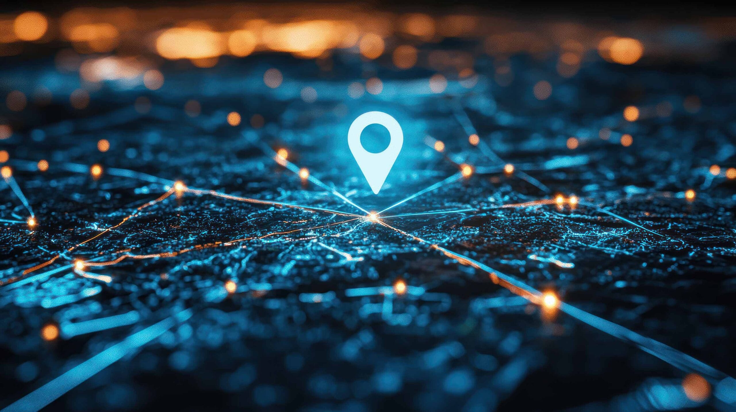 Digital map with glowing network lines and a bright location pin symbolizing BikeFinder’s multi-signal tracking technology — combining GPS, Bluetooth, Wi-Fi, and LPWAN for precise bike location.