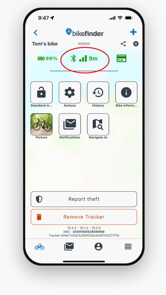 Screenshot of the BikeFinder app showing Tom’s bike with a 99% battery and a Bluetooth signal detected at 9 meters. The interface displays tracking options like actions, history, notifications, and theft report for managing the BikeFinder Advanced Tracker and locating the bike securely.