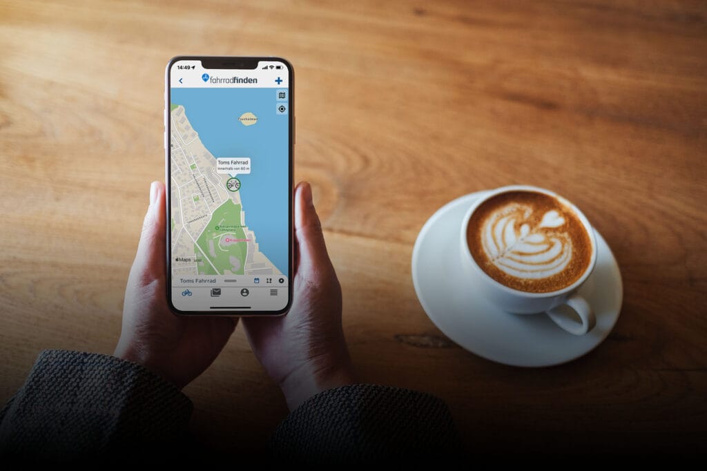 Sicherheit für Ihr Fahrrad mit dem BikeFinder-Ortungsgerät. Laden Sie die App im App Store oder bei Google Play herunter.