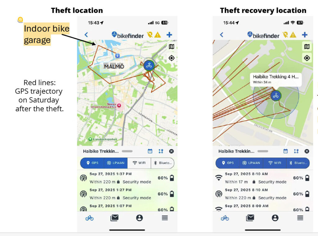 BikeFinder app tracking map showing e-bike location history in Malmö and indoor garage signal.